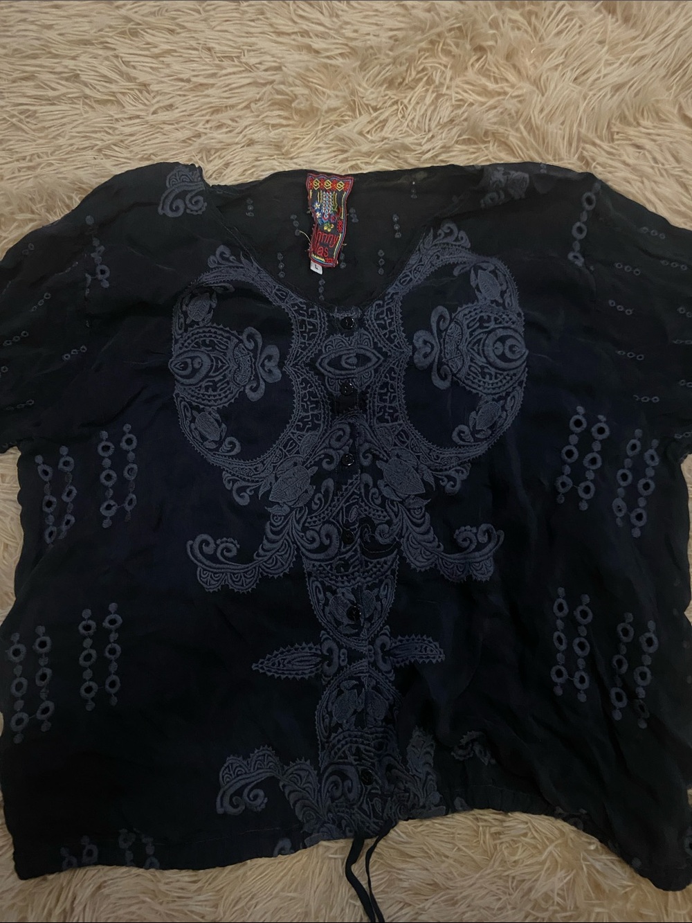 Johnny Was Navy Embroidered Pull-On Tunic